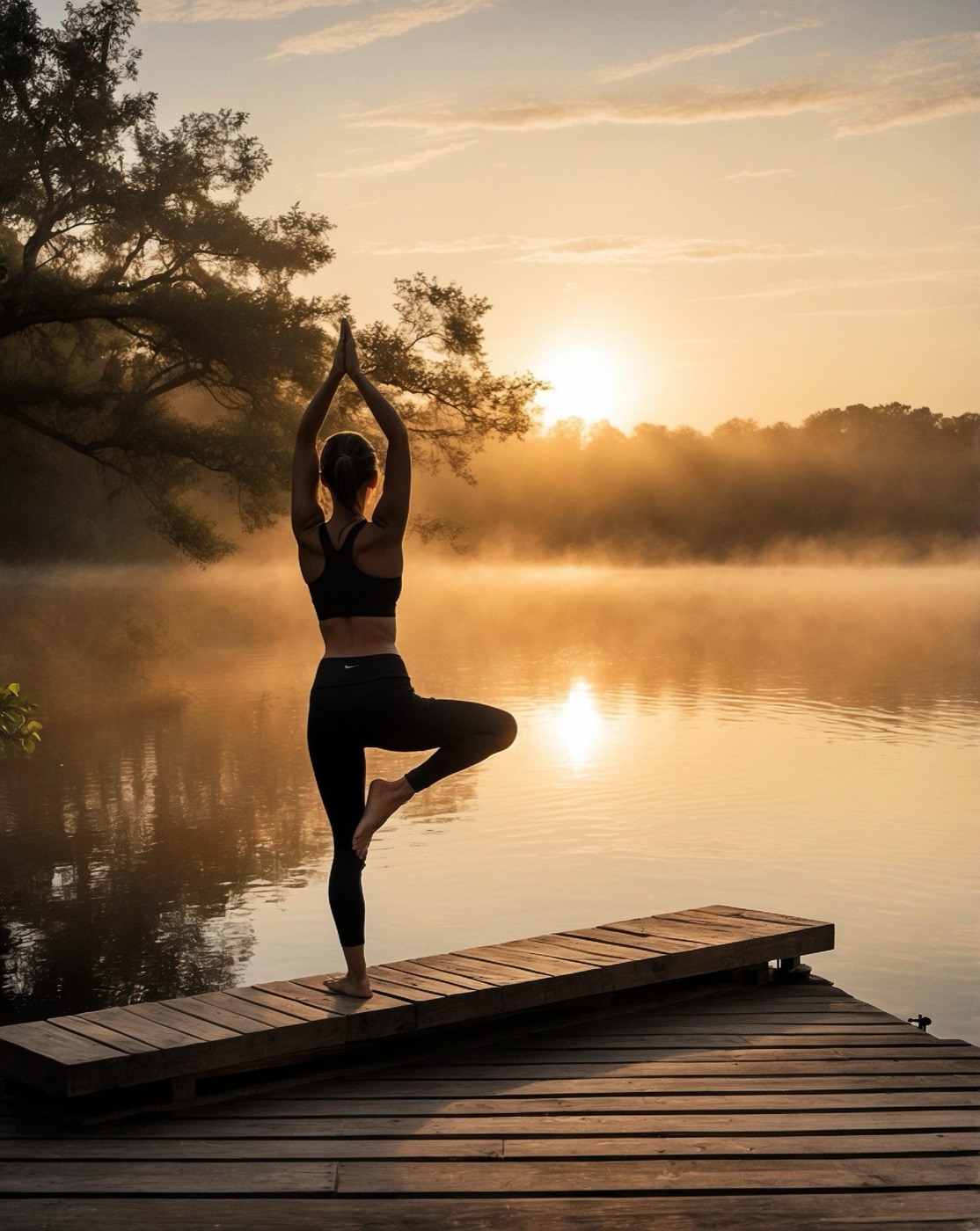 A woman holding a yoga pose on a lakeside dock at sunrise